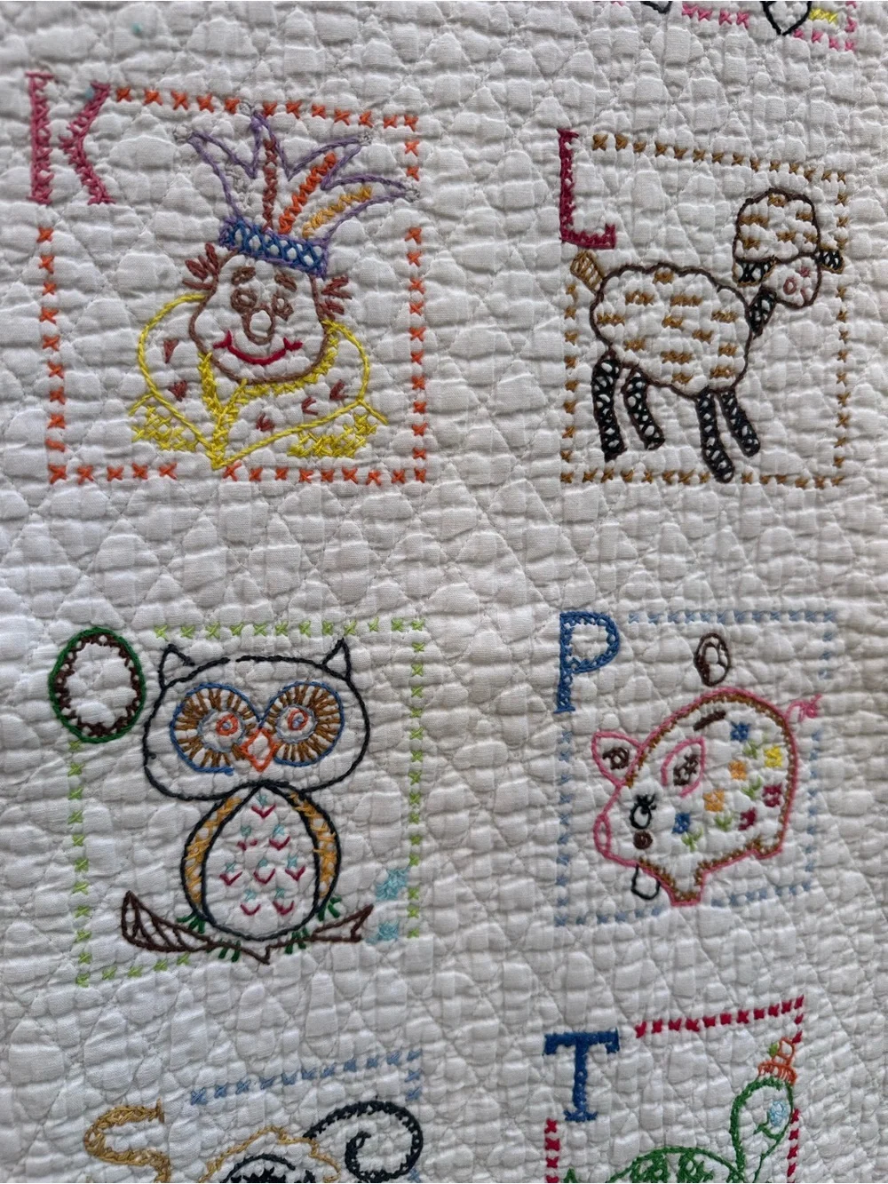 Vintage White Multicolor Embroidered Alphabet baby Blanket